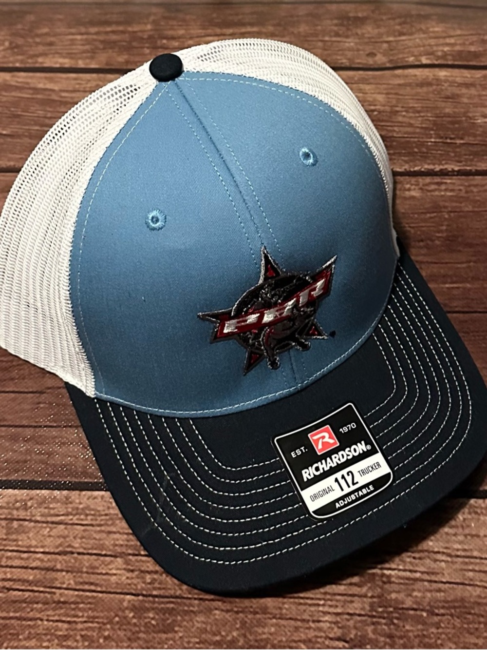 Richardson Trucker Hat in Light Blue and Navy with White Mesh